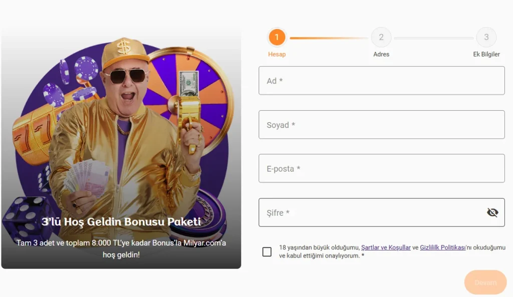 Milyar.com üye ol formu: ad, soyad, e-posta ve şifre adımı