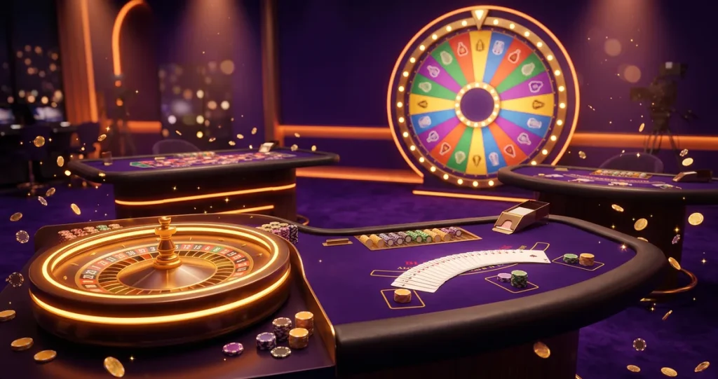 Milyar canlı casino: rulet, blackjack masası, oyun şovu çarkı ve jetonlar